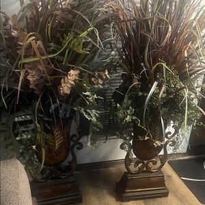 Elegant Brown and Green Decorative tall Vase Set with flower arrangement